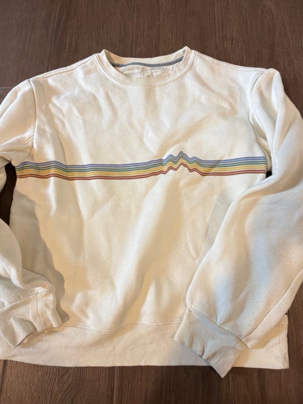 Patagonia Cream Crewneck Sweater with Rainbow Wave Stripe